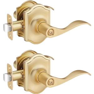 EHOMEWARE Door Handles Interior, 2 Pack Brass Door Knobs, Keyless Privacy Door Knob, Bedroom Door Lock, Bathroom Door Handle, Gold Door Knob, Wave Door Lever for Left/Right Handed Doors