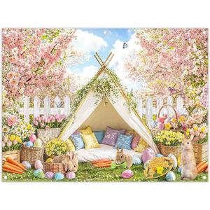 8x6ft Fabric Spring Easter Tent Backdrop Bunny Colorful Eggs Garden Flower Butterfly Fence Photography Background Kids Party Festival Party Decor Photo Props