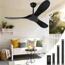 52 Inch Black Outdoor Ceiling Fan No Light, 3 Blade Wood Propeller Ceiling Fans for Patios, Wet Rated Indoor Ceiling Fan without Light for Living Room Bedroom with Remote