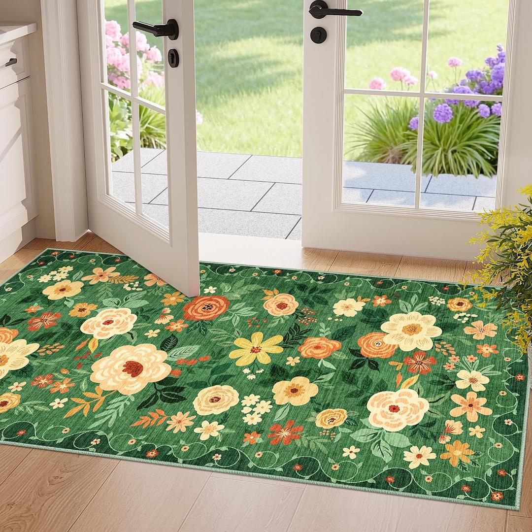 DUKINO 2x4 Rug for Entryway, Washable Kitchen Floral Runner Rug with Non Slip Backing, Low Pile Soft Boho Carpet for Kitchen, Hallway, Entryway, Laundry, Bedroom, Dark Green