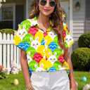Easter Shirt for Women: Happy Easter Shirts Cute Rabbit Graphic T Shirt Short Sleeve Button Down Tee Tops (Yellow, S)