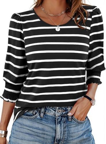 LilyCoco Striped Shirt Women 3/4 Sleeve Boat Neck Casual Tunics Loose Fit T Shirt Black, Large