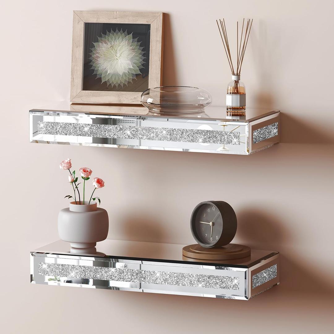 SHYFOY Mirrored Floating Shelves for Wall Decor Storage, Glitter Glass Wall Mounted Shelves for Bedroom, Living Room, Bathroom, Kitchen, Office and More, Set of 2, Silver