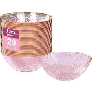 I00000 20 Pack 12 Ounce Pink Plastic Bowls Hammered Gold Rimmed Crystal Like, Heavy duty Disposable Bowl Set,Elegant Soup/Salad/Dessert/Ice Cream Small Bowls For Thanksgiving Party, Weddings, Catering