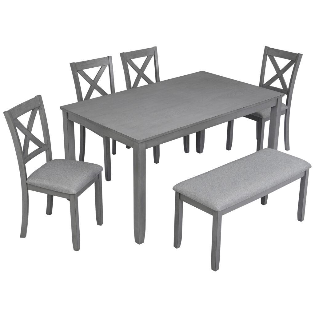 6-Piece Dining Table Set for 4-6 People, Kitchen Set with 4 Upholstered Chairs and One Bench, Living Room Chairs with X-Shape Backrest, Rectangular Wooden Table for Home Bar and Kitchen, Gray