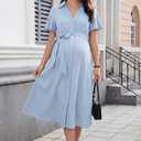 OUGES Women's Summer Maternity Dress Collar V Neck Button Down Tie Waist Casual Midi Dresses with Pockets 2026 (Blue, M)