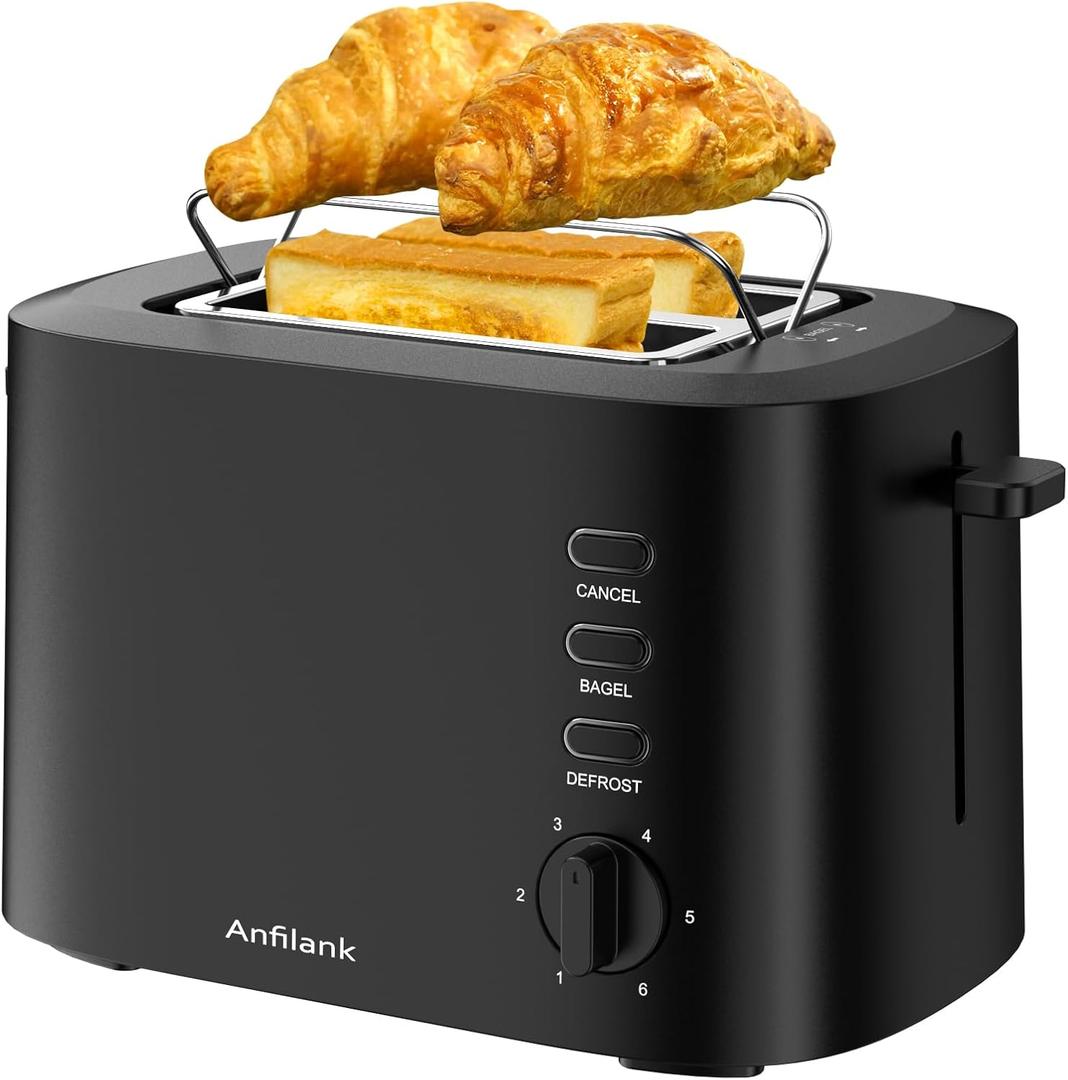 Anfilank Compact Toaster 2 Slice with 1.5" Extra Wide Slots, Built in Warming Rack & Removable Crumb Tray, 6 Browning Options, with Defrost/Bagel/Cancel Function Matte Black