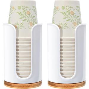 Large Bathroom Cup Dispenser - 2 Pack PC Plastic and Bamboo for Dixie 3oz 5oz 6oz Mouthwash Cups Holder, Vanity Countertops, Bathroom, Kitchen, and Dining Room, (White)