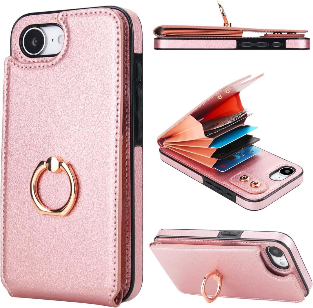 Folosu Compatible with iPhone 17e 16e Case Wallet with Card Holder, 360Rotation Finger Ring Holder Kickstand, RFID Blocking Leather Protective Double Buttons Shockproof Cover 6.1 Inch Rose Gold