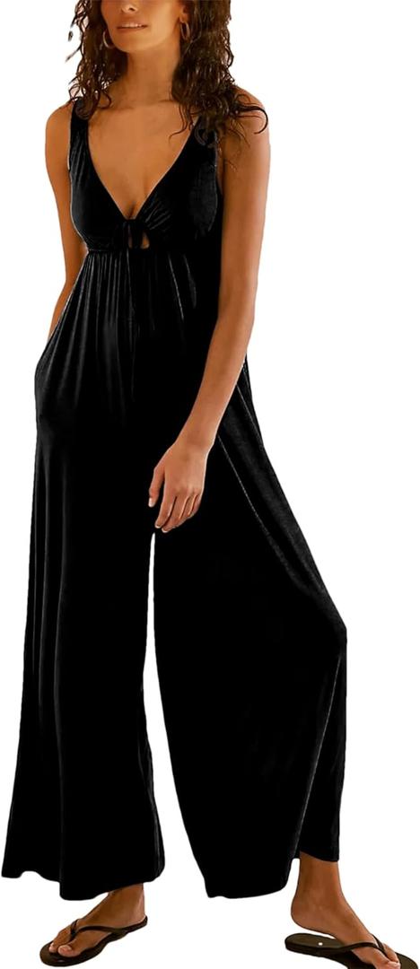 Women's Casual Loose Jumpsuits One Piece Sleeveless Wide Leg Long Pant Rompers with Pockets (Large, Black)