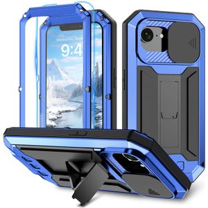 Compatible with iPhone 16E Metal Heavy Duty Case with Screen Slide Camera Cover Protector Kickstand Rugged Military Grade Drop Protection Aluminium Full Cover for Man Woman (Blue)