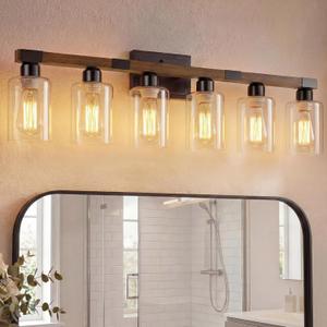 VOLISUN Farmhouse Bathroom Light Fixtures, 6 Light Bathroom Vanity Lights Over Mirror, Rustic Vanity Light for Bathrooms,Wood Bathrooms Lights Fixtures Over Mirror-UL Certificated