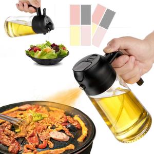 With Stickers 16oz Olive Oil Sprayer for Cooking - 2 in 1 Spray & Pour Olive Oil Dispenser - 470ml Glass Spray Oil Bottle - Kitchen Gadgets (Black)