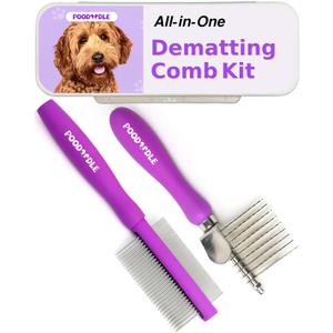 Pain-Free Dematting Comb Kit for Dogs & Cats, Dematting Rake & Detangling Dual-Side Comb Set, Dematting Brush for Dogs & Cats, Pet Grooming Tools Kit for Poodle Doodle & All Long Haired Pets