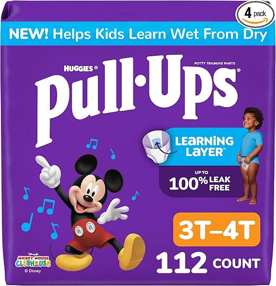 Huggies Pull ups 28counts of 4packs, Pull-Ups Boys' Potty Training Pants, Size 3T-4T, 112 Count Easy Open Sides, Disposable, Refastenable Fit, Unit Count: 112