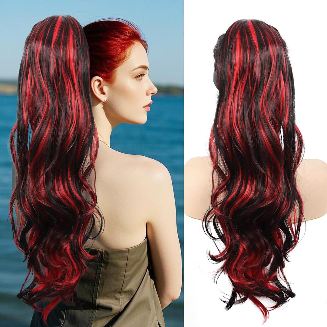 Ponytail Extension Drawstring Ponytail for Quick and Easy Hairstyling Black & Red 26in Natural Looking Synthetic Hair