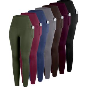 ATHVOTAR Leggings with Pockets for Women, 7 Packs High Waisted Workout Tummy Control Yoga Pants Black/ Gray/ Navy/ Burgundy/ Army Green/ Dark Brown/ Cassis M
