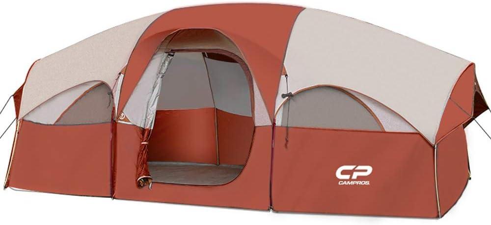 CAMPROS CP Tent 8 Person Camping Tents, Weather Resistant Family Tent, 5 Large Mesh Windows, Double Layer, Divided Curtain for Separated Room, Portable with Carry Bag, 168"l X 108"w X 72"h