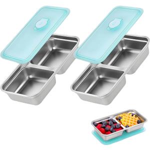 Grab and Go Snack Containers, Reusable Double Compartment Snack Containers-Stainless Steel Condiment Box with Lids for Outdoor Camping Food Storage (2 Pack)