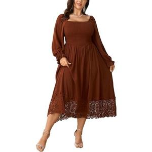 SHESTARR Women's Plus Size Maxi Dress Long Sleeve Square Neck Smocked Flowy A-Line Lace Trim Wedding Guest Dresses 3XL