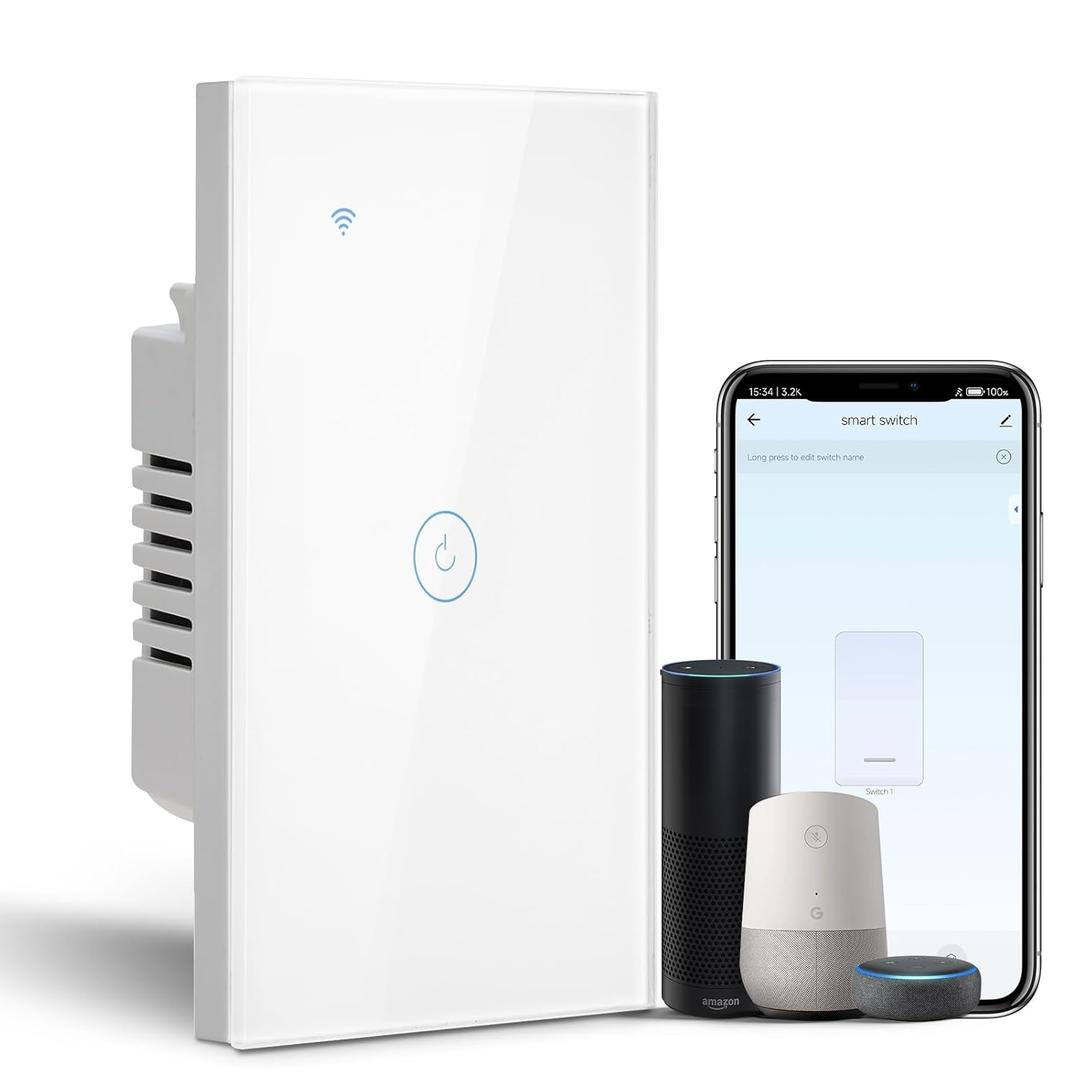 BSEED Smart Light Switch, 1 Gang WiFi Alexa Light Switch with Remote APP Control and Timing Function, Single Pole White Light Switches Work with Alexa, Google Assistant, Voice Control, Group Control