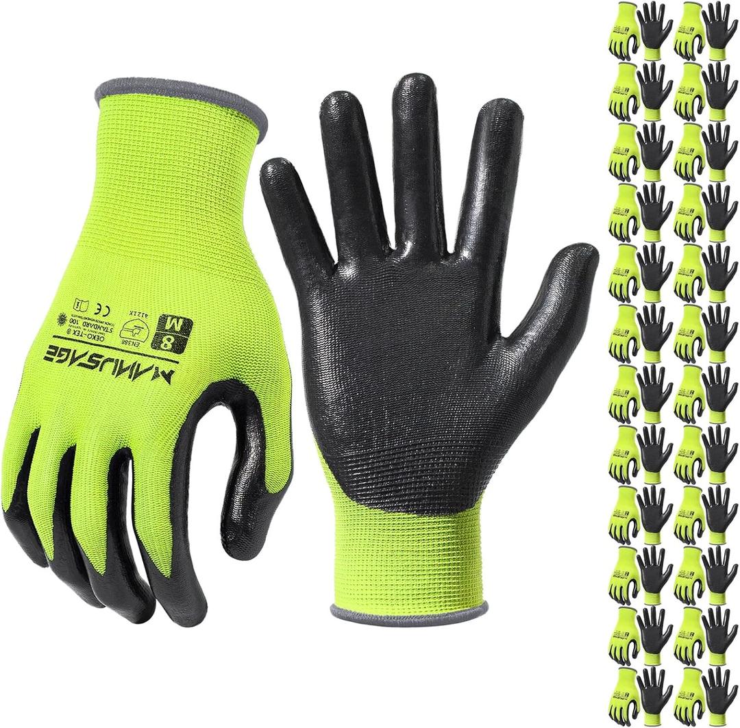 MANUSAGE Nitrile Work Gloves, 3D Comfort Stretch Fit, Powerful Grip, Touchscreen, Durable Foam Coated, Flexible, Lightweight, Machine Washable, Size-L Yellow 24 Pairs