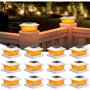VOLISUN Solar Fence Post Lights 12pack, White Solar Deck Post Cap Flame Light Outdoor Waterproof, High Brightness Flickering Flame SMD LED Lighting, for 4x4 Wooden/4x4 5x5 Vinyl Post