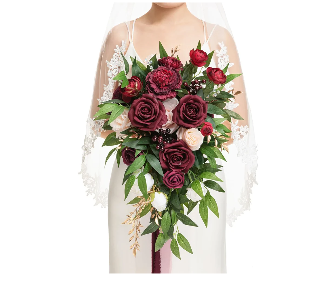 Ling's moment Burgundy Bridal Bouquet Cascading, Marsala Wedding Bouquets for Bride, 13 Inch Bride Bouquets for Wedding Artificial Flowers Bouquets