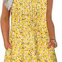 OFEEFAN Summer Dresses for Women 2025 Loose Pleated Sleeveless Tank T Shirt Dress Crewneck Sundresses Pockets Yellow Floral M