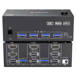 HDMI Displayport KVM Switch 3 Monitors 2 Computers 8K@60Hz/4K@144Hz, USB3.0 KVM Switches for 2 PC Sharing Triple Monitor and Keyboard Mouse with Power Adapter,Wired Extend Controller and USB3.0 Cables