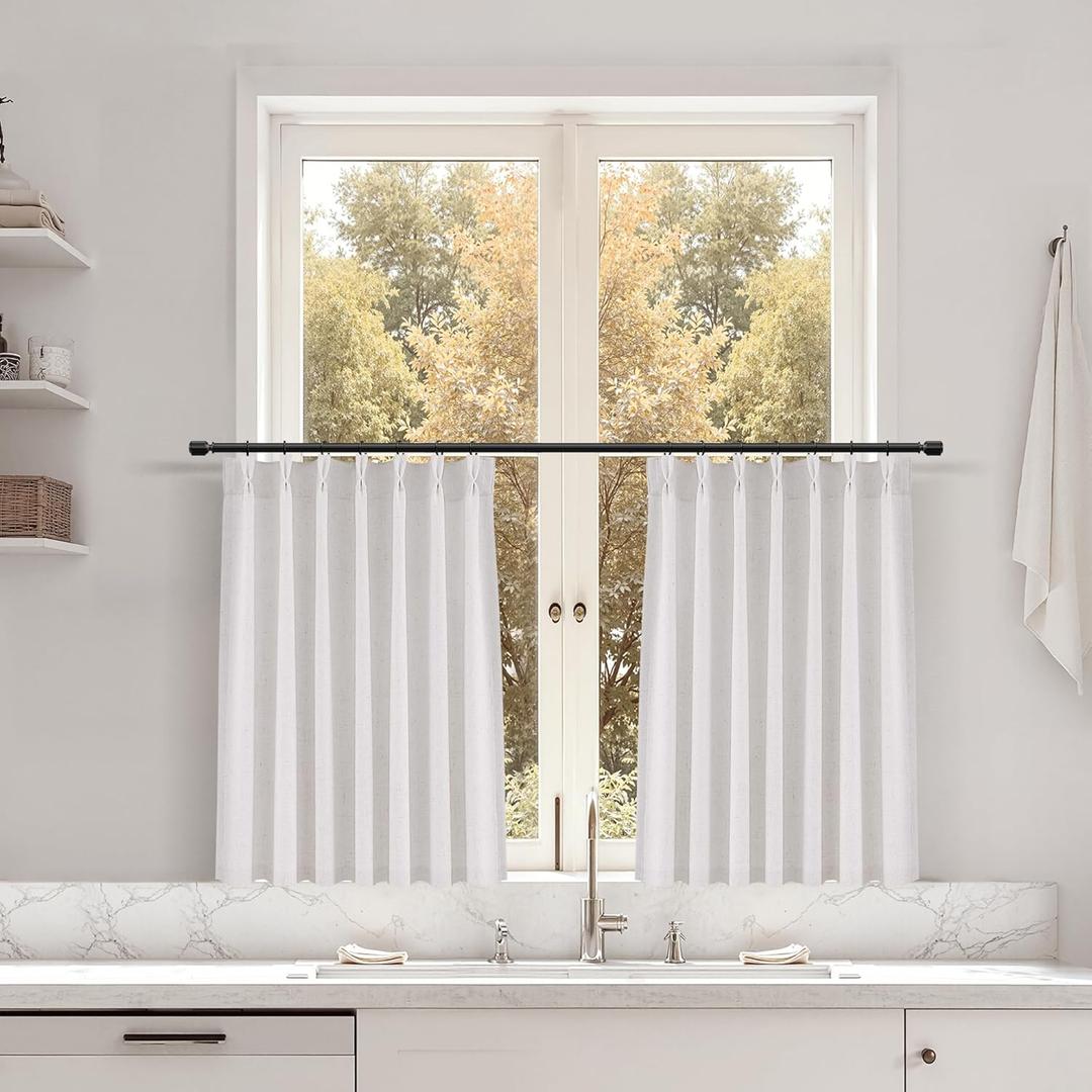 Beige White Linen Cafe Curtains 24 Inch Length Pinch Pleated 2 Panels Set Farmhouse Short Kitchen Window Curtains Light Filtering Semi Sheer Back Tab Small Window Drapes for Bathroom Camper RV 34x24