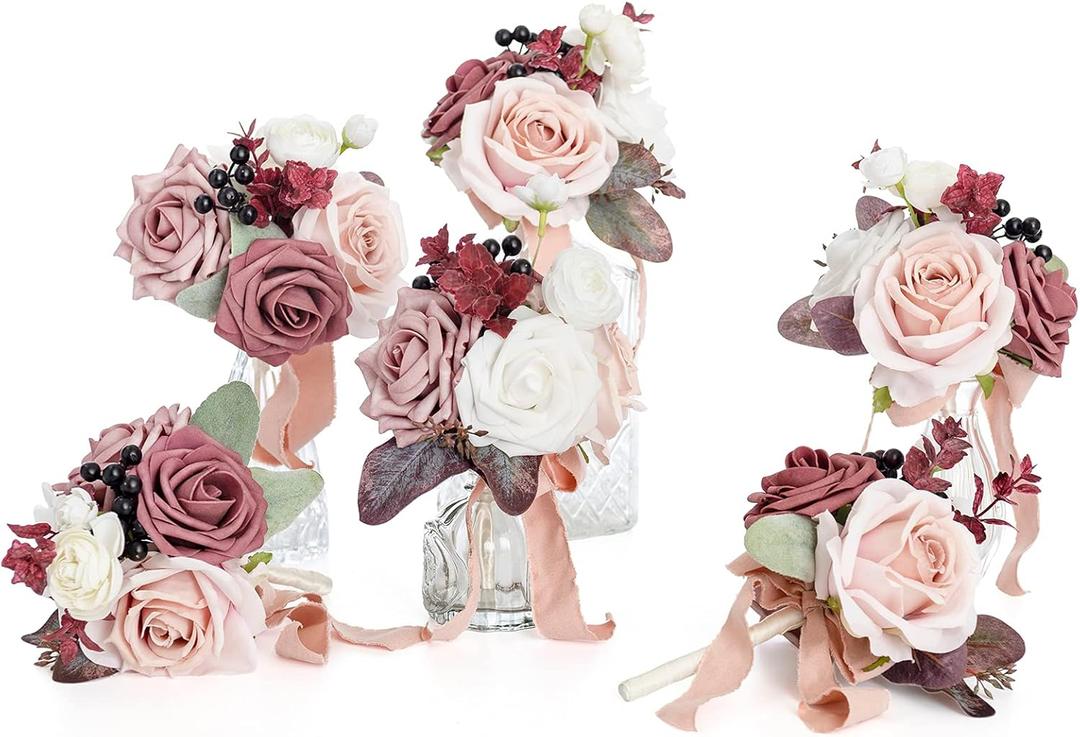 Ling's Moment Dusty Rose Wedding Flowers Mini Bridesmaid Bouquets Set of 6 Pink Pre-Made Small Floral Mauve Wedding Centerpieces (Mauve & Dusty Rose) (Pk-mauve & Dusty Rose)