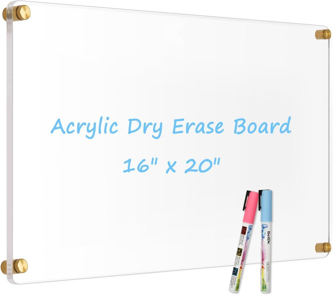 Large Clear Acrylic Dry Erase Board, 20" X 16" Golden Non-Magnetic Frameless Clear White Board for Wall, Erasable Acrylic Board for Wall, Home, Office, School, 2 Markers