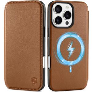 SHIELDON Slim Wallet Case for iPhone 16 Pro Max 6.9", Genuine Leather Slim Folio Magnetic Wireless Charging Card Holder Shock-Absorbent Cover Compatible with iPhone 16 Pro Max - Saddle Brown