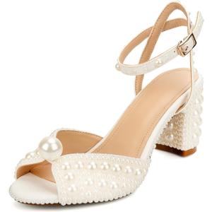 Goolita Pearl Heels For Women Mid Block Ankle Strap Heeled Sandals Round Open Toe Party Evening Bridal Shoes For Wedding, 8