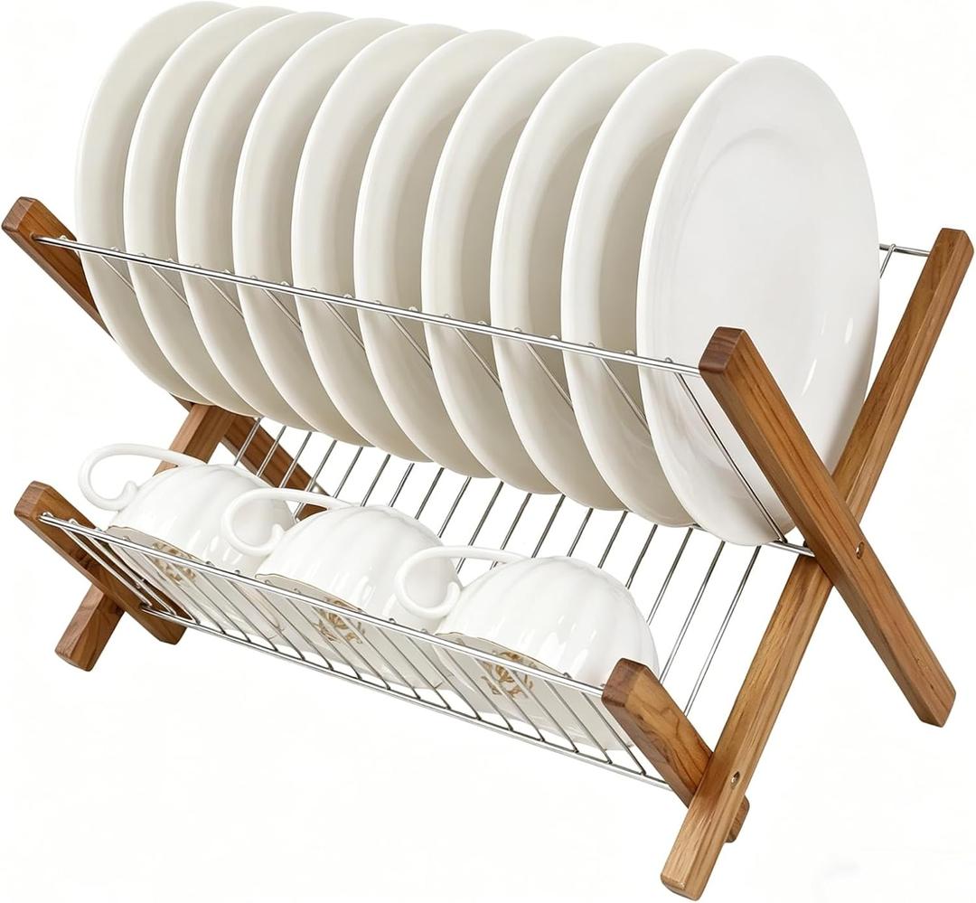 HTB Dish Drying Rack 2 Tier,Collapsible Stainless Steel & Teak Wood Dish Drying Rack,Foldable Dish Drainer for Plates,Cups,Kitchen Counter,Home,Apartment