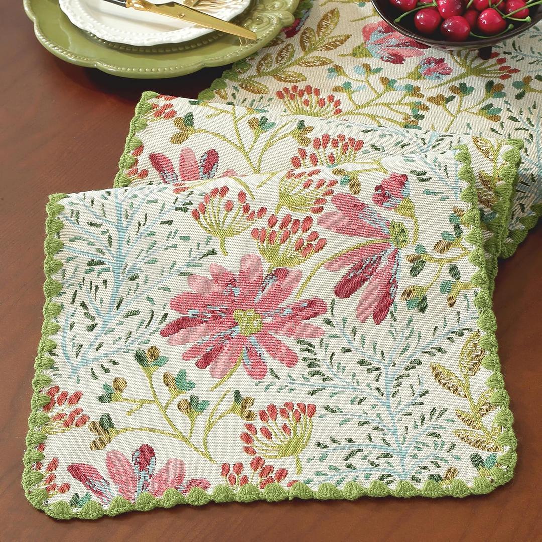 Spring Botanical Elegant Table Runner with Floral Jacquard Pattern Decorative Dining Table Decor with Delicate Green Lace Edging 12 x 82 Inch