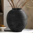 Black Ceramic Flower Vase Home Decor, Large Round Farmhouse Table Vases Rustic Vintage Living Room Entrway Kitchen Bedroom DecorationsMinimalist Hand-Made Textured Vase (9.8 H Black Bronze)