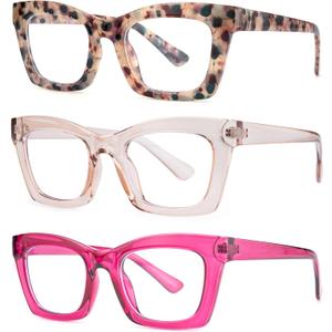 bullabulling 3 pack Oprah style Spring hinge Readers Blue Light Blocking Computer Square Reading Glasses for Women Men (Flowers/Tea/Rose)