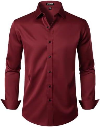 JEMITOP Men's Stretch Wrinkle Free Dress Shirt Formal Prom Wedding Long Sleeve Button Down Shirts Large, Maroon 