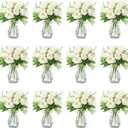 Zeyune 37 Pack Artificial Peonies Flowers with Bud Vase Bulk 24 Bundles Silk Peonies Bouquets 12 Plastic Clear Vase with 1 Rope Fake Flowers for Table Centerpiece Vases(White,Perfume)