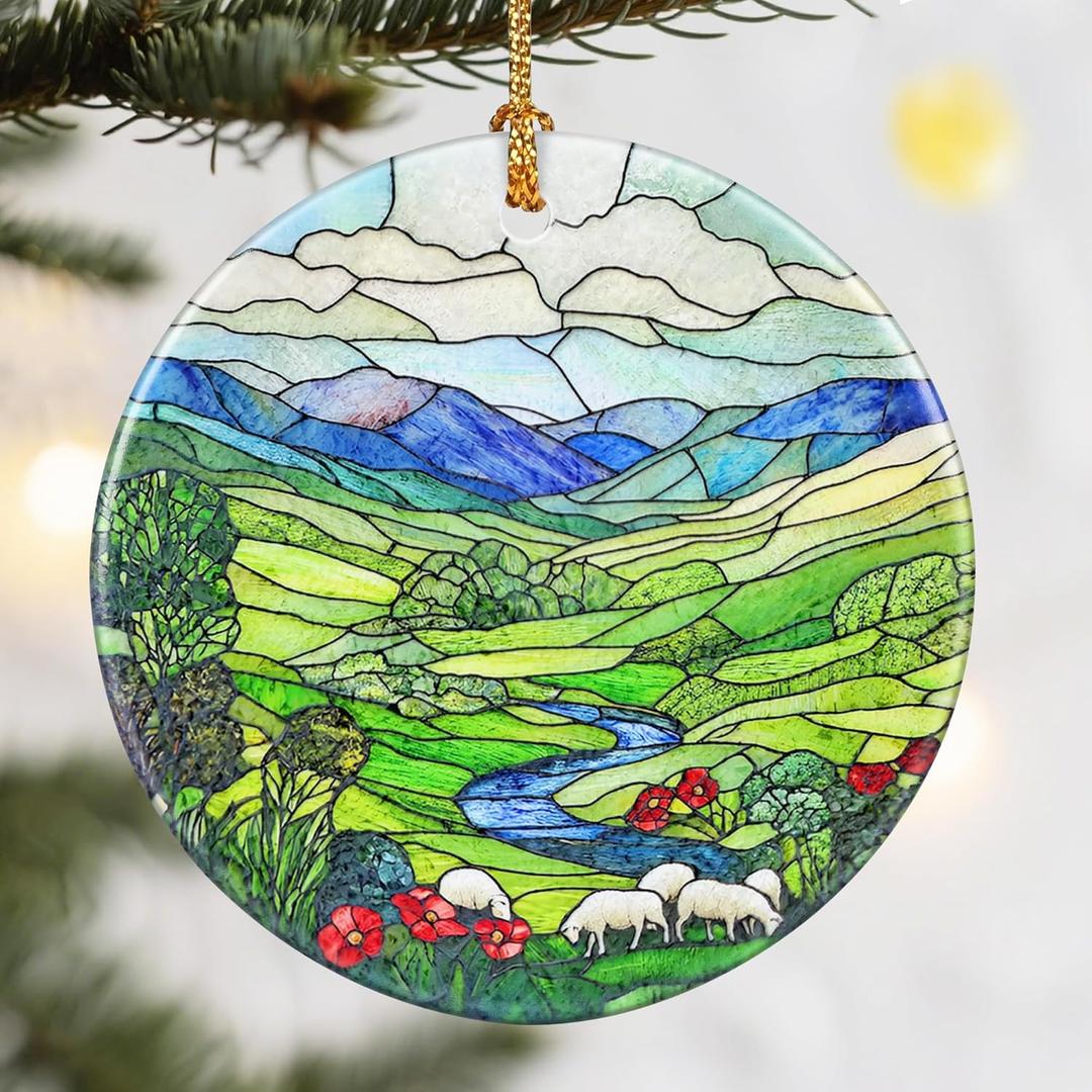 Christmas Ornaments, Dodosky 2.8in Ceramic Green Irish Hills Ornament, Xmas Decor, Christmas Tree Ornaments, Xmas Decorations for Tree, Holiday Ornament, Gifts for Women, Men, Nature Lovers (Countryside)