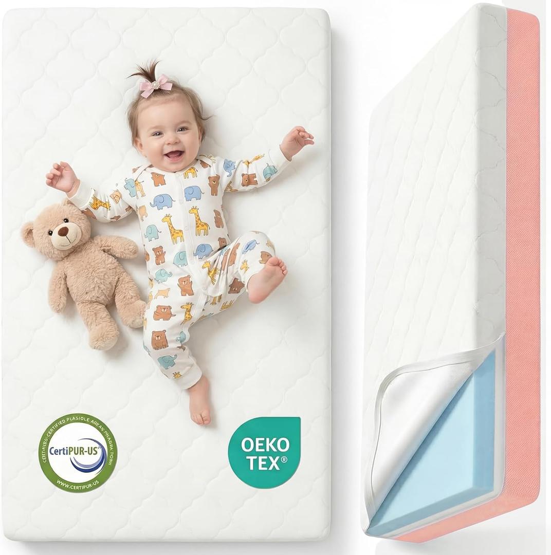 Dual Sided Baby Crib Mattress, 5 Inch Thick Soft & Firm Memory Foam Breathable Toddler Mattress, 4 in1 Standard Baby Bed Mattresses with Removable Washable Cover 52x27.6x5 - Pink