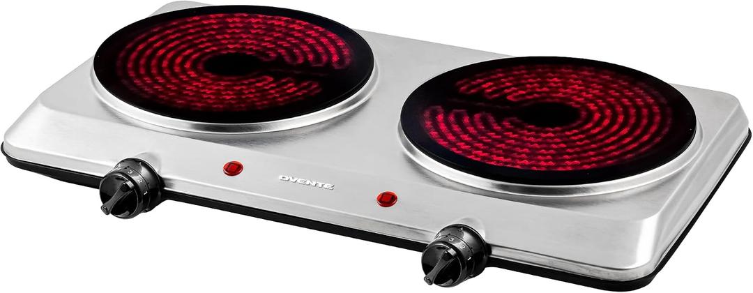 OVENTE Countertop Infrared Double Burner, 1500W Electric Hot Plate and Portable Stove with 7.5 Ceramic Glass Cooktop, 6 Level Temperature Setting and Easy to Clean Base, Silver BGI202S