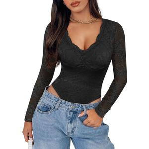 SAUNGKUAI Women's V Neck Lace Bodysuit Long Sleeve Bodysuits Double Lined Going Out Tops Y2K Trendy Thong Outfits (Large, Black)
