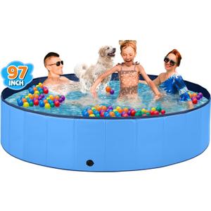 Jecoo Dog Pool for Large Dogs Kiddie Pool Hard Plastic Foldable Dog Bathing Tub Portable Outside Kids Swimming for Pets and Dogs Outdoor Backyard (4XL-97"x16", Blue)