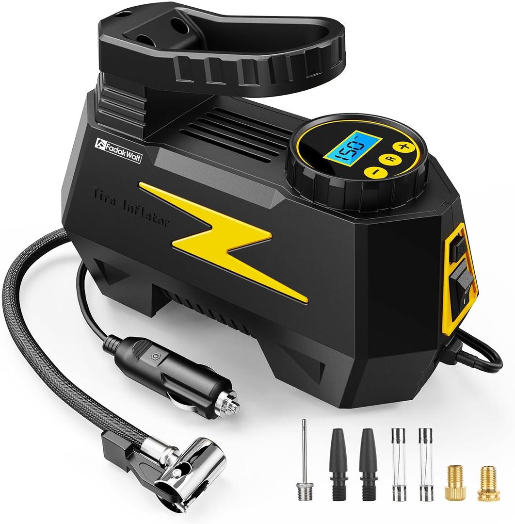 Tire Inflator Portable Air Compressor, DC 12V Tire Air Pump with LED and 150PSI Digital Pressure Gauge, Portable Tire Inflator for Car Tires, Motorcycles, Bike, Ball, Yellow 
