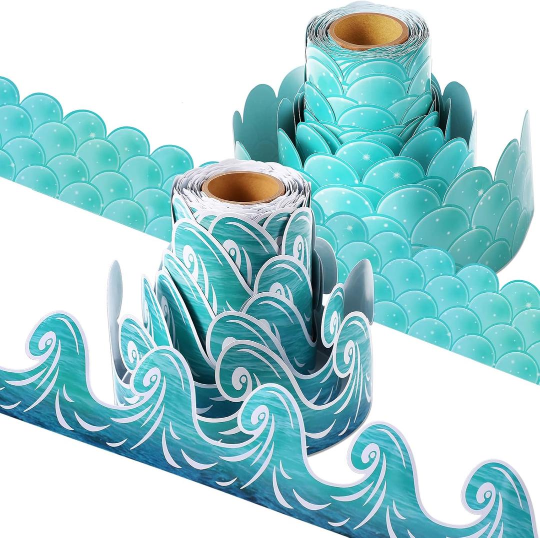 Nezyo 2 Rolls Ocean Waves Bulletin Board Border 98 Feet Blue Turquoise Scallops Bulletin Board Trim Paper Ocean Beach Decorations Under The Sea Back to School Classroom Office Chalkboard Decorations