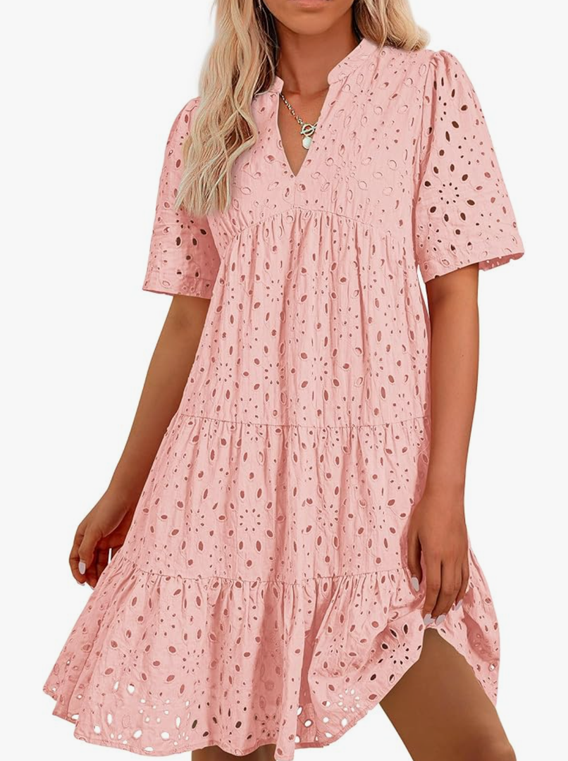 BTFBM Womens Boho Summer Dresses 2025 Resort V Neck Short Sleeve Hollow Out Lace Ruffle Casual Beach Mini Vacation Dress, XXL