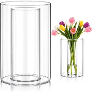 Vase in Vase Double-Walled Glass Cylinder Vases 7.8 Inch Tall for Vases Filler Wedding Decoration Clear Centerpieces for DIY Floral Arrangements Seasonal Home Indoor Table Decor(4.7" & 2.7")